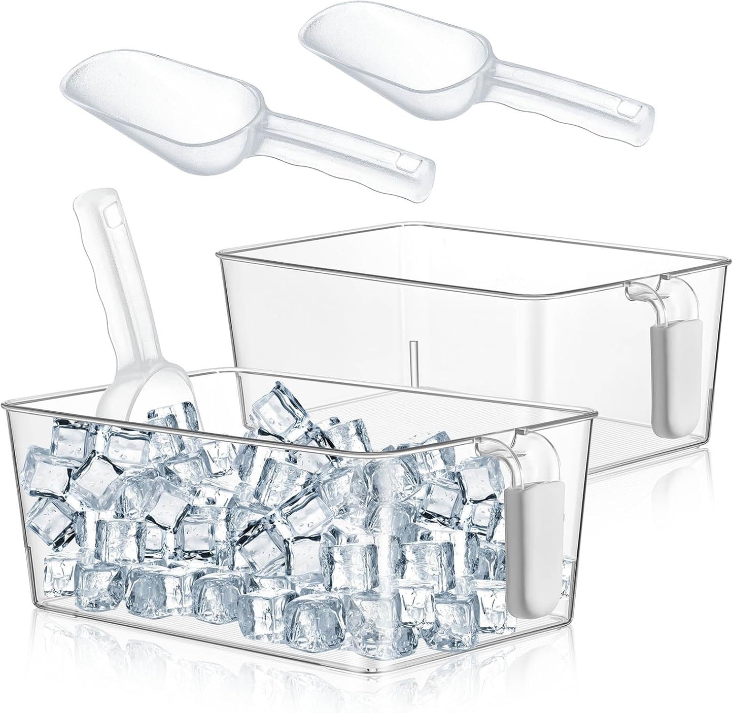 Havawish Ice Storage Bin and Flexible Scoop Set Plastic Freezer Bin with Pull Out Handle Storage Bucket Clear for Container with Scoop(Grey,10.83 x 4.92 x 4.33 in,Classic)