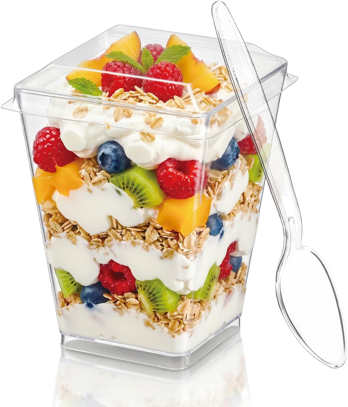 Hiasobre 50Pack 5oz Plastic Dessert Cups with Lids and Spoons, Reusable Clear Parfait Appetizer Cups, Square Party Shooter Serving Cup, Mini Dessert Shot Glasses for Tasting