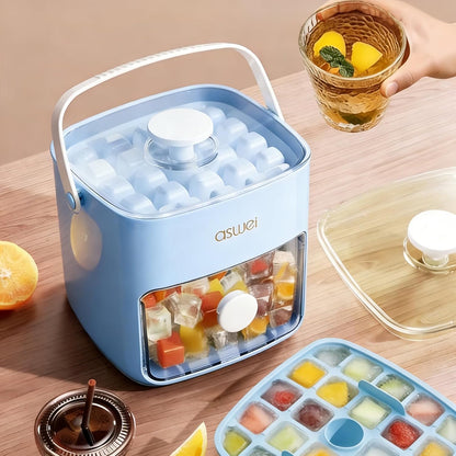 Compact Ice Cube Tray with Lid and Bin, Mini Press-Type Ice Cube Maker for Freezer, Space-Saving Small Ice Bucket with Tongs for RV, Office, Mini Ice Cube Trays & Water Bottles, BPA-Free (Green)