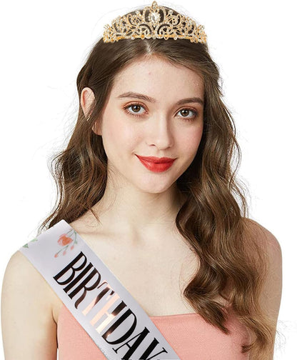 COCIDE Birthday Queen Sash & Rhinestone Tiara Set Gold Happy Birthday Crowns for Women Party Decoration Kit Rhinestone Headband for Women Glitter Crystal Hair Accessories for Cake Topper