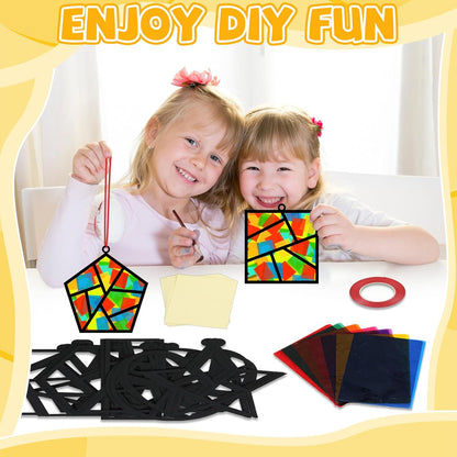 QOUBAI 32 Sets Stars Suncatchers Craft Back to School DIY Stained Glass Window Patriotic 4th of July Paper Craft Home School Classroom Decor Kid Birthday Gift Creative Art Activity Game - Colors A