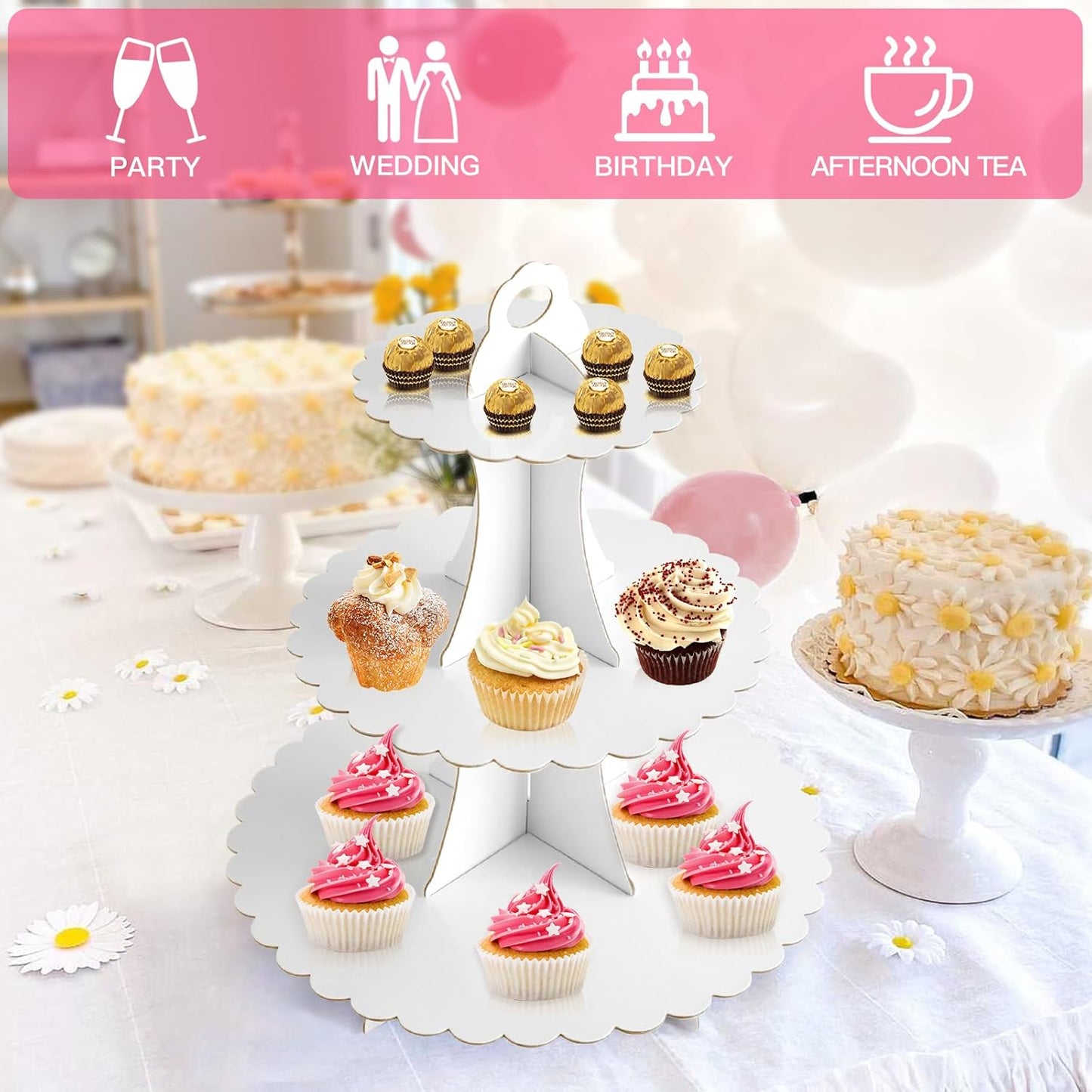 Soleebee 3-Tier Cupcake Stand, Cardboard Cupcake Tower, Dessert Cup Cake Stand Tower for Birthday Wedding Party Decoration, Cupcake Tier Stand 1 Set (Black)