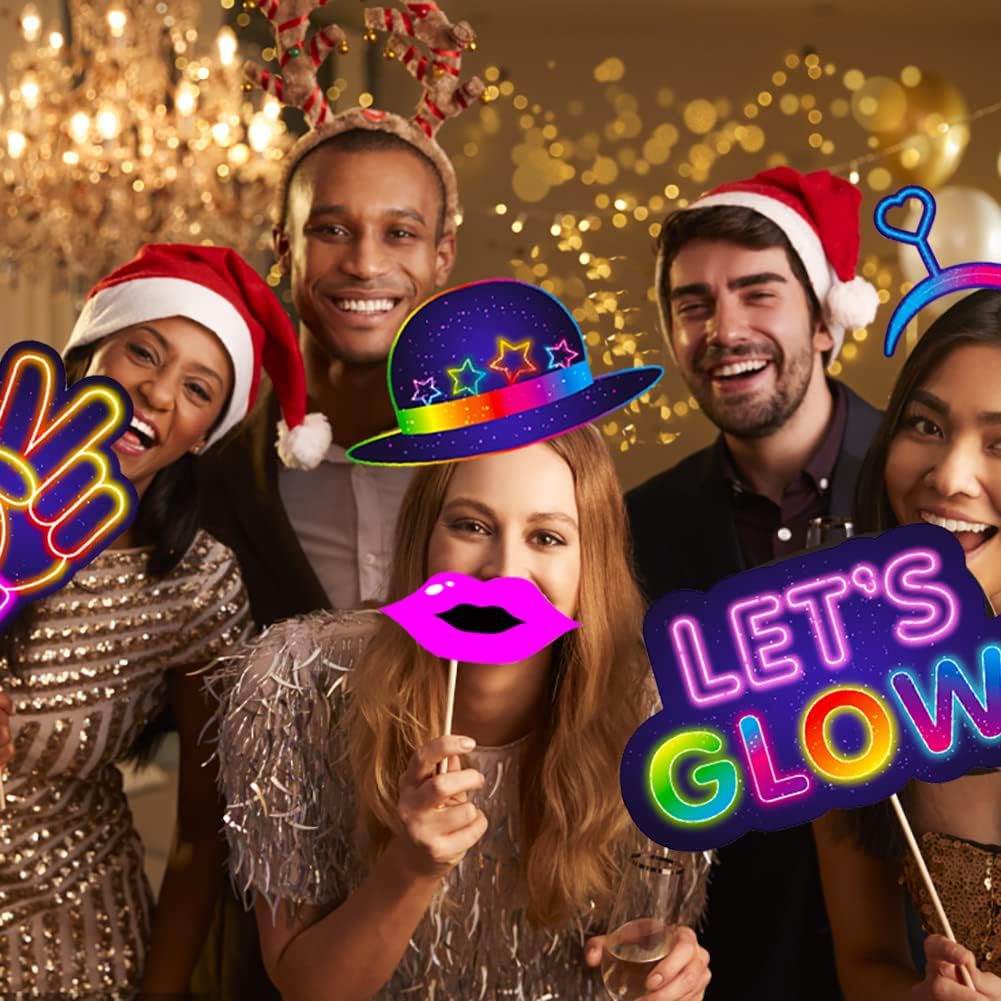 25pcs Glow Neon Photo Booth Props with Stick, Photo Props for Birthday Let's Glow Themed Neon Glow in The Dark Disco Black Light Party Decoration Supplies