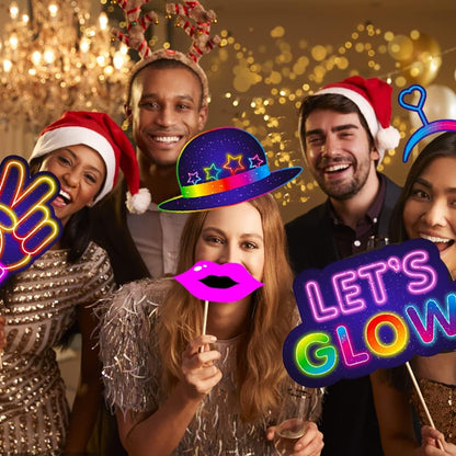 25pcs Glow Neon Photo Booth Props with Stick, Photo Props for Birthday Let's Glow Themed Neon Glow in The Dark Disco Black Light Party Decoration Supplies