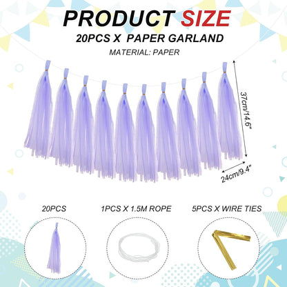 MECCANIXITY 20Pcs Tassel Garland Banner Tissue Paper for Streamers Party Decorations, Valentine's Day Birthday Decor for Women with Rope and Tie Wire (Pink, 14.6Inch)