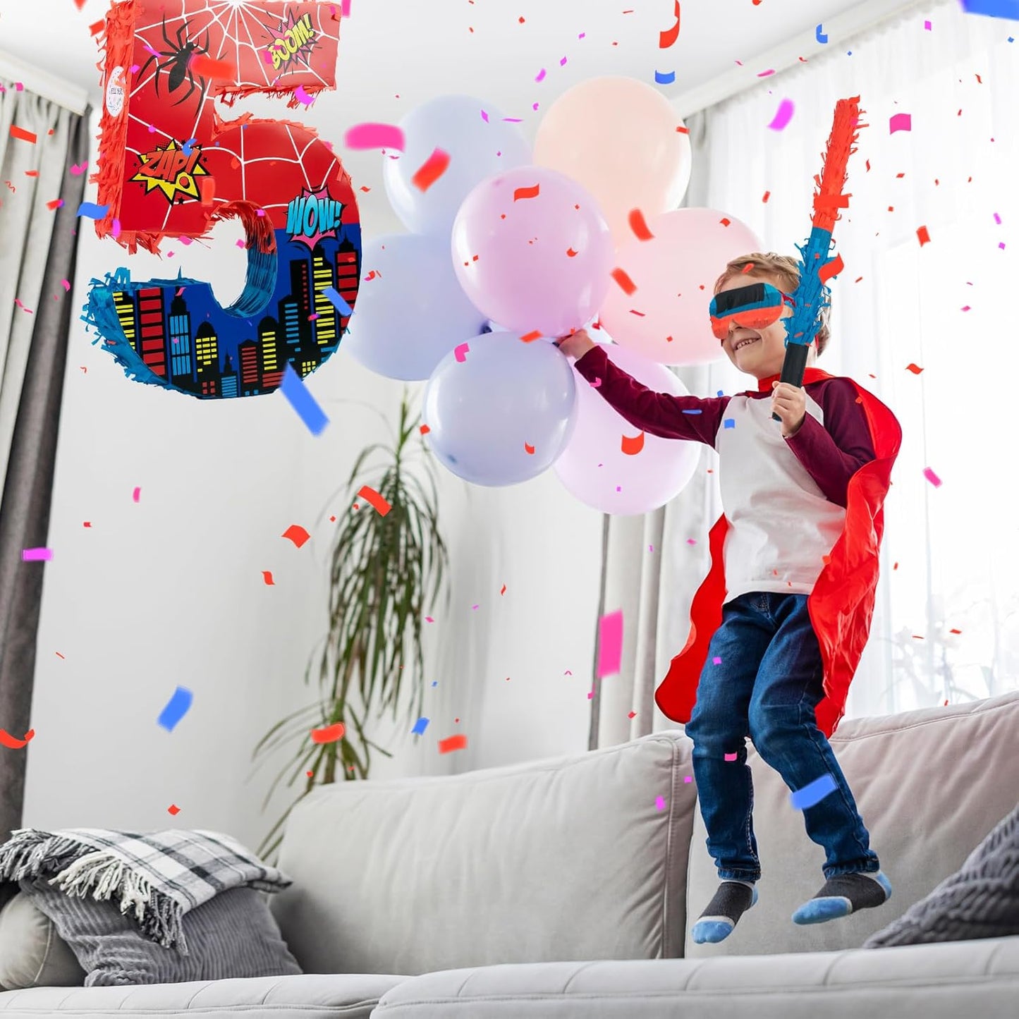 Number 4 Spider Pinata Bundle with 16 Inch Piñata Stick Blindfold Confetti for Hero Birthday Party Decoration Anniversary Celebration Gift Spider Party Favors for Kids, 16 x 11.6 x 2.4 Inch