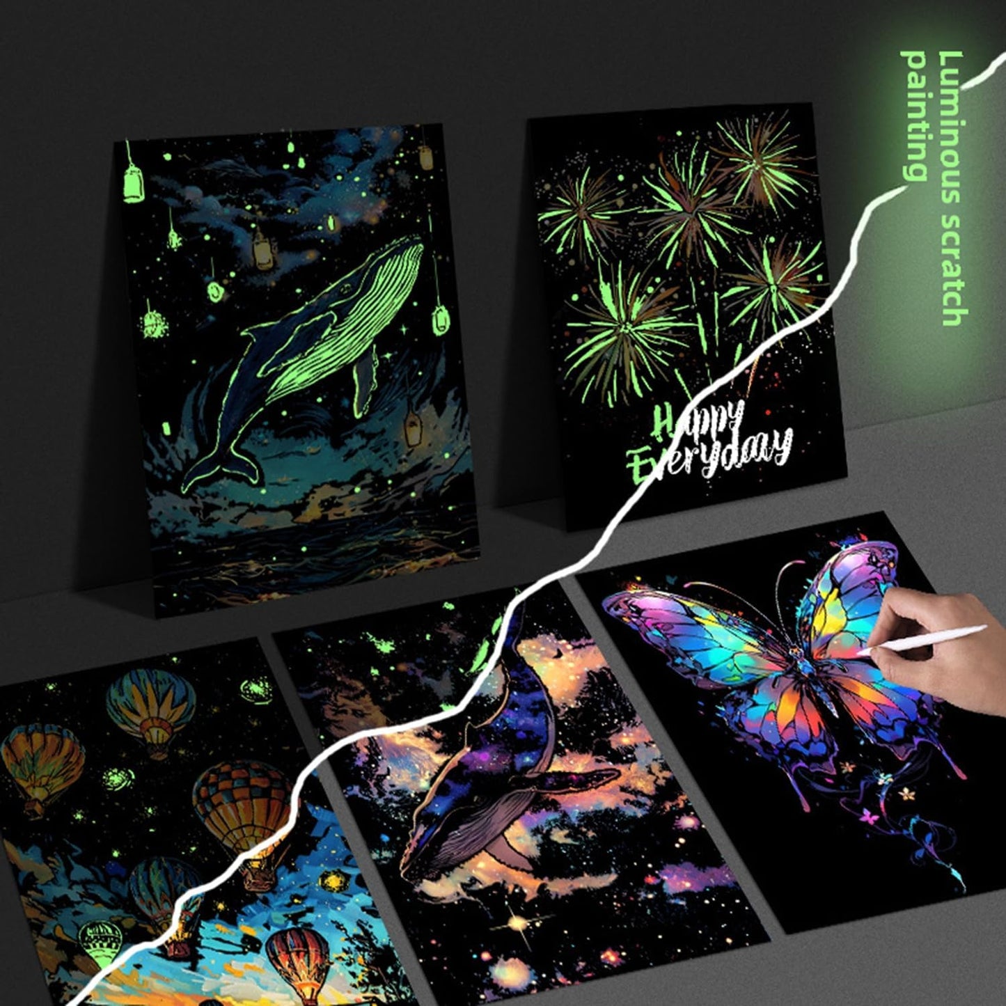 Georgie Porgy Scratch Paper Art Set for Kids Adults Magic Rainbow Scratchboards for DIY Arts and Crafts Kits Christmas Birthday Gift with Scratching Tools Kit (A4-Noctilucent Whale + Sea World)