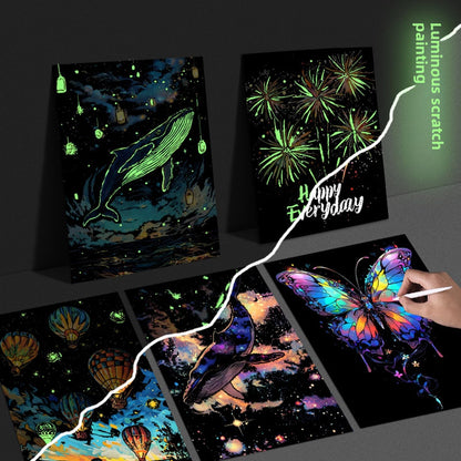 Georgie Porgy Scratch Paper Art Set for Kids Adults Magic Rainbow Scratchboards for DIY Arts and Crafts Kits Christmas Birthday Gift with Scratching Tools Kit (A4-Noctilucent Whale + Sea World)
