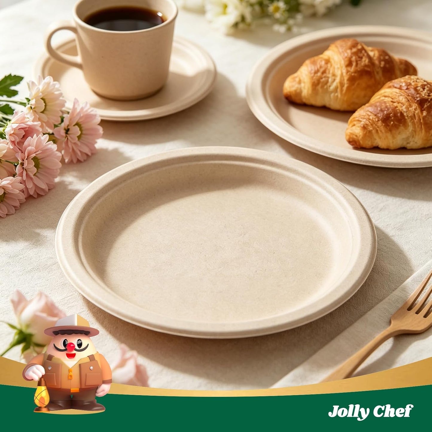 JOLLY CHEF Compostable Heavy Duty Plates 𝟭𝟬 𝗜𝗻𝗰𝗵 [𝟯𝟬𝟬 𝗣𝗮𝗰𝗸] Eco-Friendly Disposable Paper Plates Made of Bagasse Biodegradable Bulk for Party Dinner Sugarcane Thanksgiving Day (Natural)