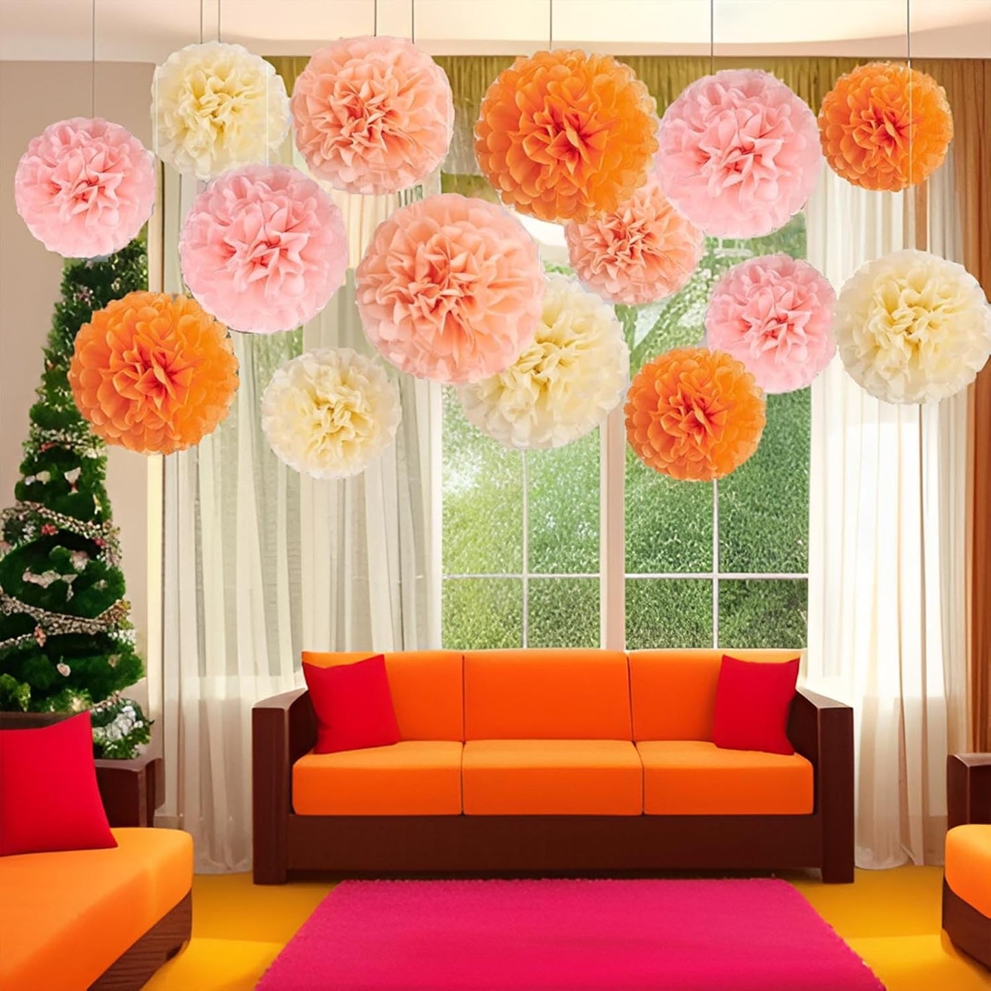 XIKSXITN 12 pc Rose Gold Gradient Tissue Paper Pom poms-Hanging Gold Dot White Paper Pom Poms Paper Flowers Ball for Party Decorative(8&10&12 inch)