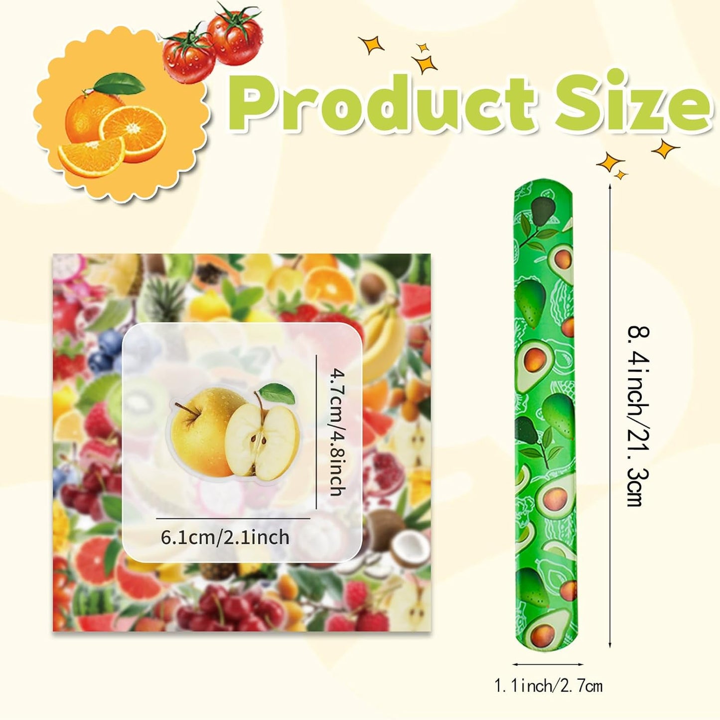 CZWXOXO 74PCS Fruit Slap Bracelets&Stickers Summer Fruit Theme 24PCS Slap Bracelets 50PCS Stickers Party Favors Basket Bag Filler School Prizes Gifts Party Favors Bulk