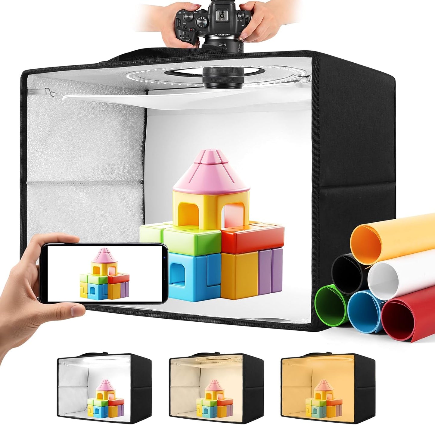 Photo Light Box, 12/16/20/24/32 Inch Photography Light Box with CRI>95 120 Light Beads. Dimmable Shooting Tent Kit with White and Warm Light. 6 Color Backdrops Photo Booth for Studio Products Display