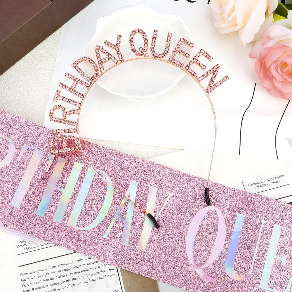 Birthday Sash & Crown for Women - Tiara Headband, Girls' Decorations Accessories