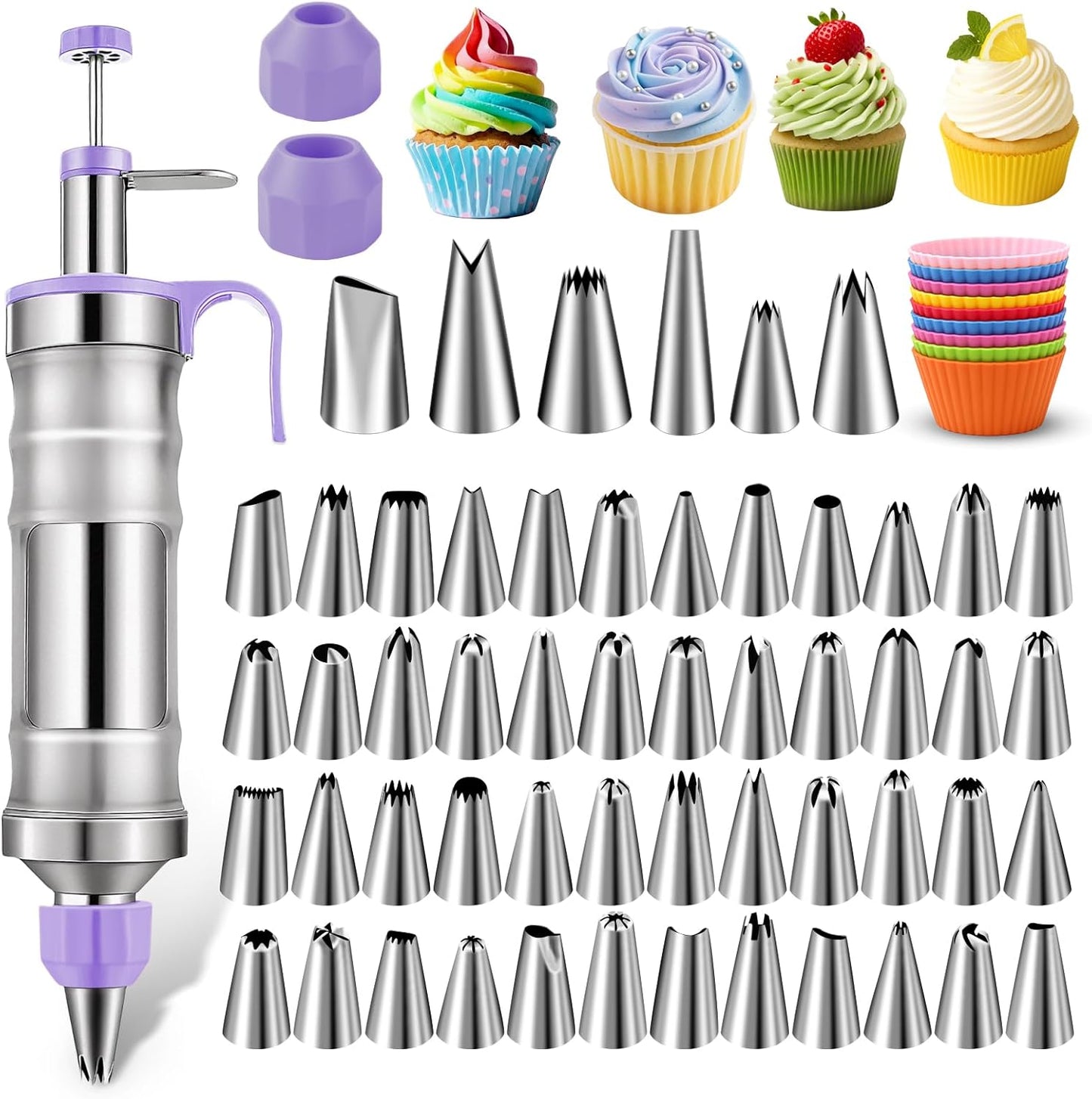 NOVANO Dessert Decorating Syringe Set, Frosting Piping Kit Stainless Steels Cake Decorating Kit with 54 Piping Tips & 9 silicone cupcakes, Cupcake Decorating Kit Piping Bags and Tips Set