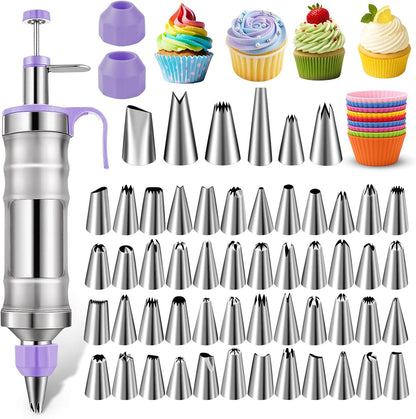 NOVANO Dessert Decorating Syringe Set, Frosting Piping Kit Stainless Steels Cake Decorating Kit with 54 Piping Tips & 9 silicone cupcakes, Cupcake Decorating Kit Piping Bags and Tips Set