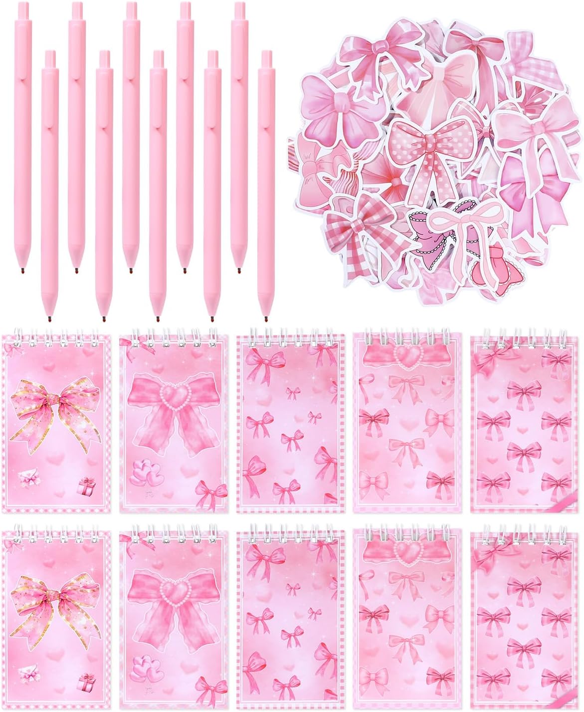 123 Pieces Bow Party Favors Coquette Pink Bow Spiral Notebook Cute Journal Ballpoint Pens Bow Stickers Set Pink Office Supplies for Bow Themed Birthday Party Supplies School Stationery Supply