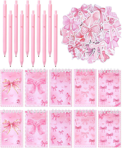 123 Pieces Bow Party Favors Coquette Pink Bow Spiral Notebook Cute Journal Ballpoint Pens Bow Stickers Set Pink Office Supplies for Bow Themed Birthday Party Supplies School Stationery Supply