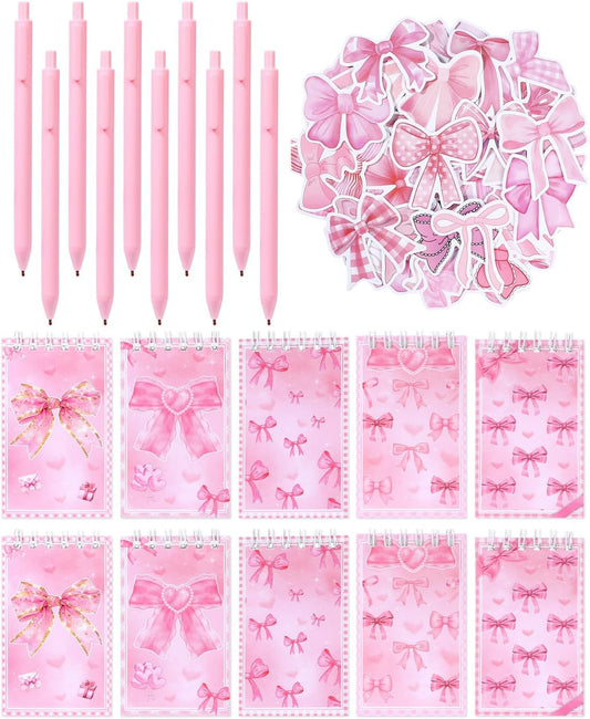 123 Pieces Bow Party Favors Coquette Pink Bow Spiral Notebook Cute Journal Ballpoint Pens Bow Stickers Set Pink Office Supplies for Bow Themed Birthday Party Supplies School Stationery Supply