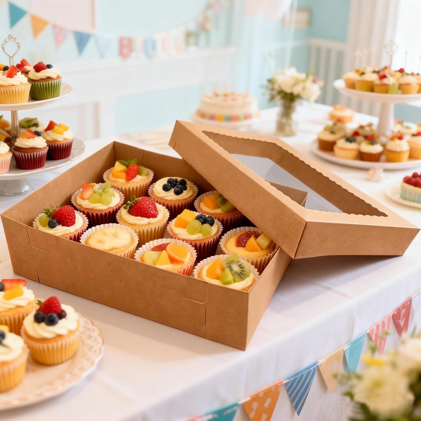 MUMULULU 4 PCS 19x14x4 Inch Cake Boxes with Cake Board White Sheet Rectangular Bakery Boxes with Window for Donuts Cookies Dessert Cupcakes Pastry Baking Pie Packaging