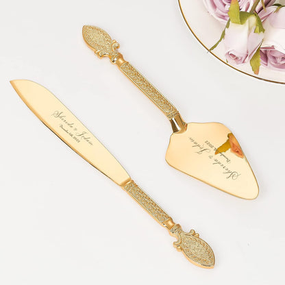 Cake Cutting Set for Wedding, Personalized Gold Cake Knife and Server Set, Custom Cake Serving Set, Engraved Pastry Pie Server Cake Pizza Cutter, Birthday Bridal Gift (F-Classic)