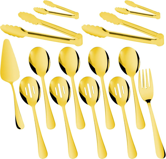 14PCS Serving Utensils - Hostess Serving Utensils Set, Premium Stainless Steel 8.7 inch Serving Utensils, Slotted Spoons, Fork, Tongs, Cake Pie Server for Buffet, Wedding, Dinner (Silver)