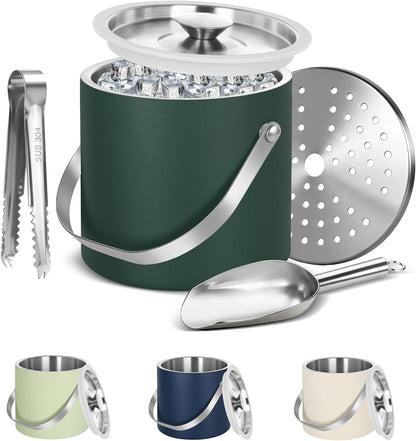 Ice Bucket, Ice Bucket with Silicone Sealing Ring Double-Wall Vacuum Insulation Champagne Buckets with Filter Layer Ice Tongs Ice Scoop (Gold, 3 L)