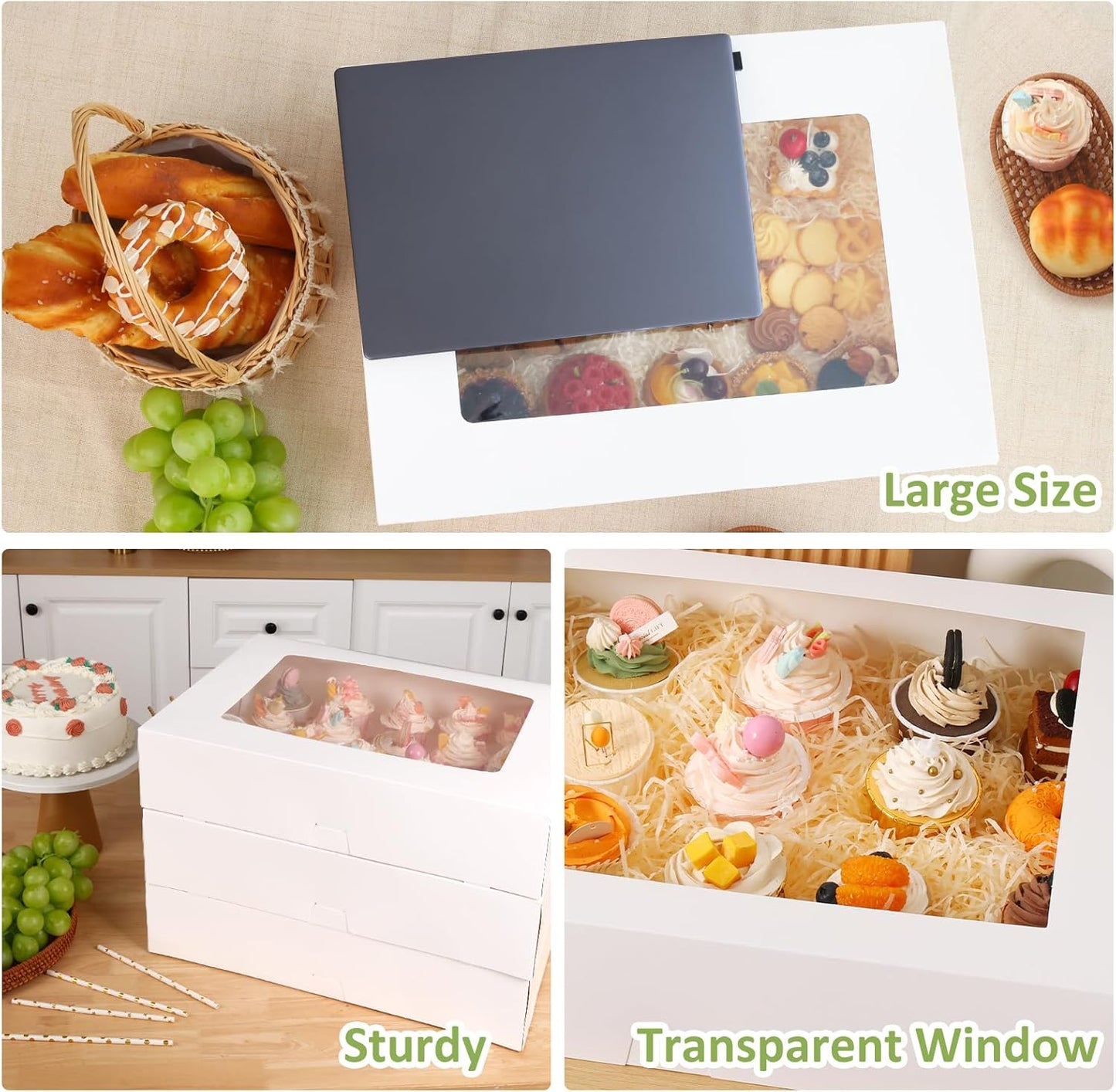 Moretoes 10pcs 19x14x4in Half Sheet Cake Boxes with Window, White Cookie Boxes, for Pastry Baking Cake Donuts Cupcake Pie Packaging