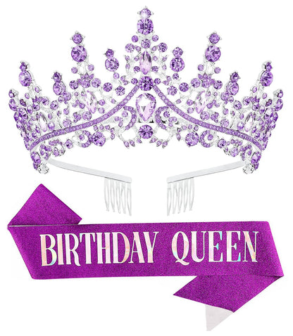 Birthday Tiara Crown with Sash for Women, Headband Hair Accessories for Wedding Party Costume