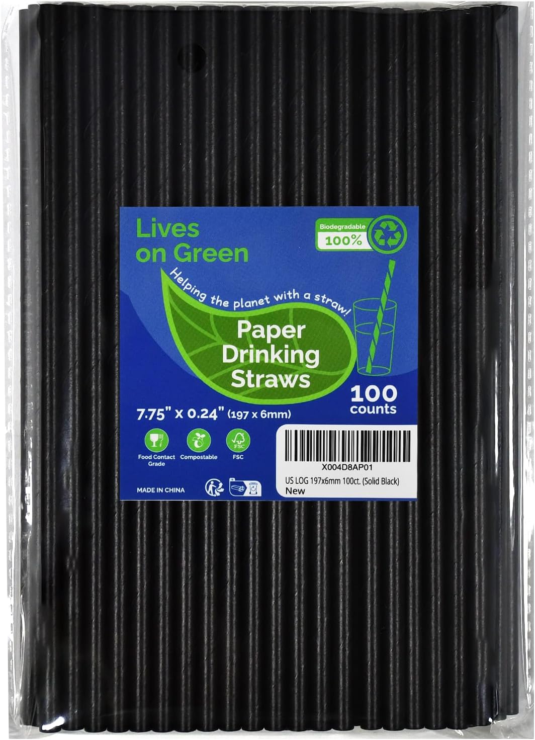 Disposable Paper Straws Solid Green - 7.75'' x 0.24'', 100 Counts - for Drinking, Beverage, Juice, Soda, Bar Supplies