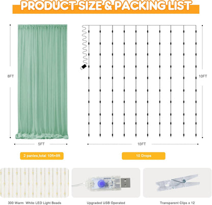 Fomcet Tulle Backdrop Curtains with Lights String White 10FT X 8FT Sheer Curtain with Lights Tulle Curtains Backdrop for Wedding Birthday Party Baby Shower Photo Shoot (2 Panels 5x8FT)