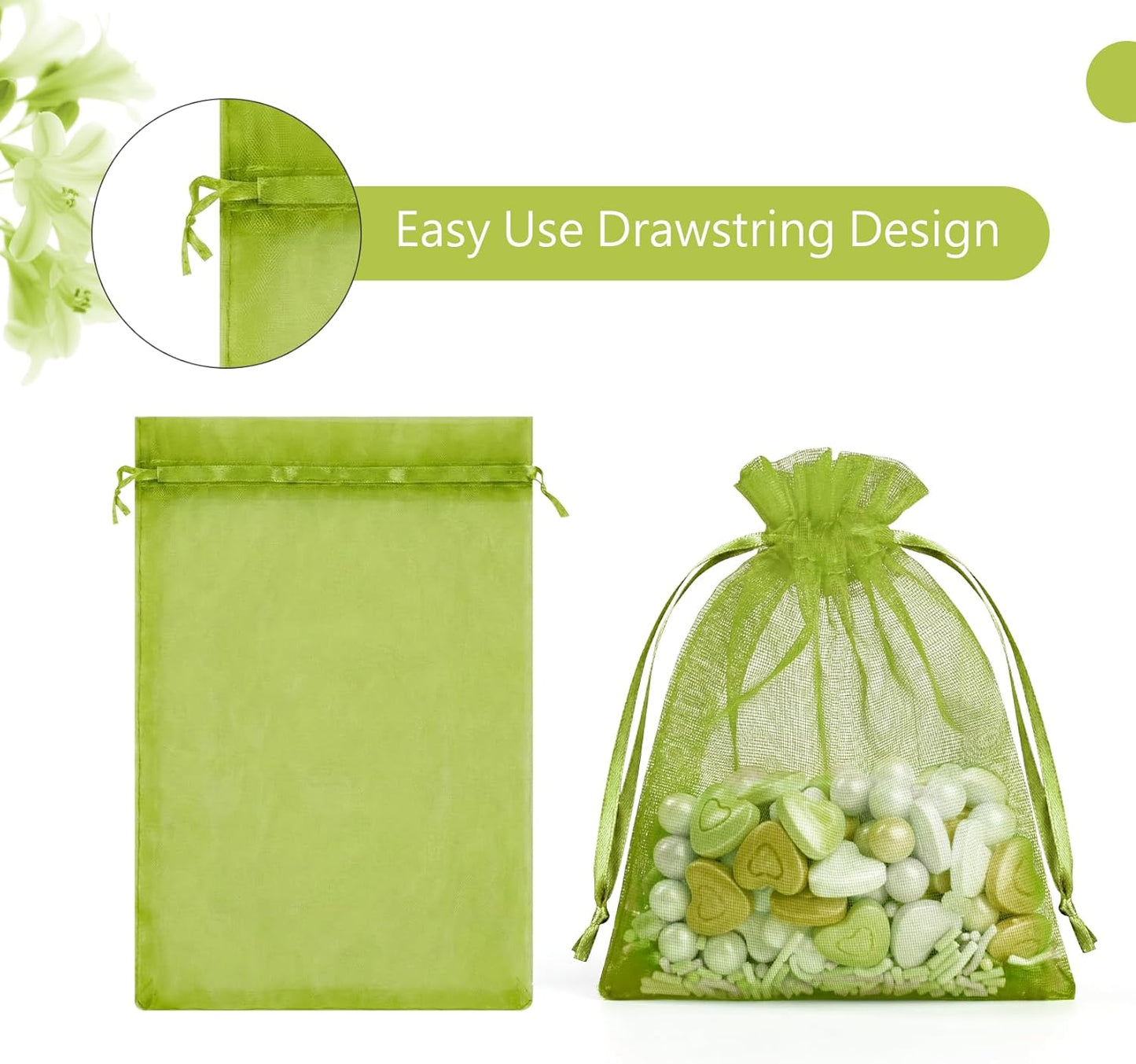 FUNFERY 100 Pcs White Organza Bags 3x4 in, Small Mesh Drawstring Gift Bags for Sachet, Jewelry, Wedding Favor, Candy Goodie Treat Bag,Easter Day