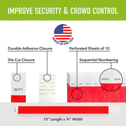 200 WristCo Neon Red Tyvek Wristbands for Events Tamper-Proof Design & Fluorescent Color Prevent Reuse Premium-Grade Bracelets for Hospital & Medical ID, Party & VIP Identification