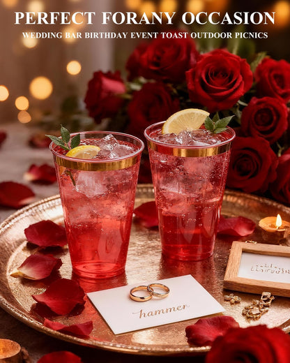 Goodluck 100PCS 9oz Gold Plastic Cups for Party, Disposable Gold Rim Cups, Plastic Cocktail Glasses for Wedding Thanksgiving, Christmas, and Parties