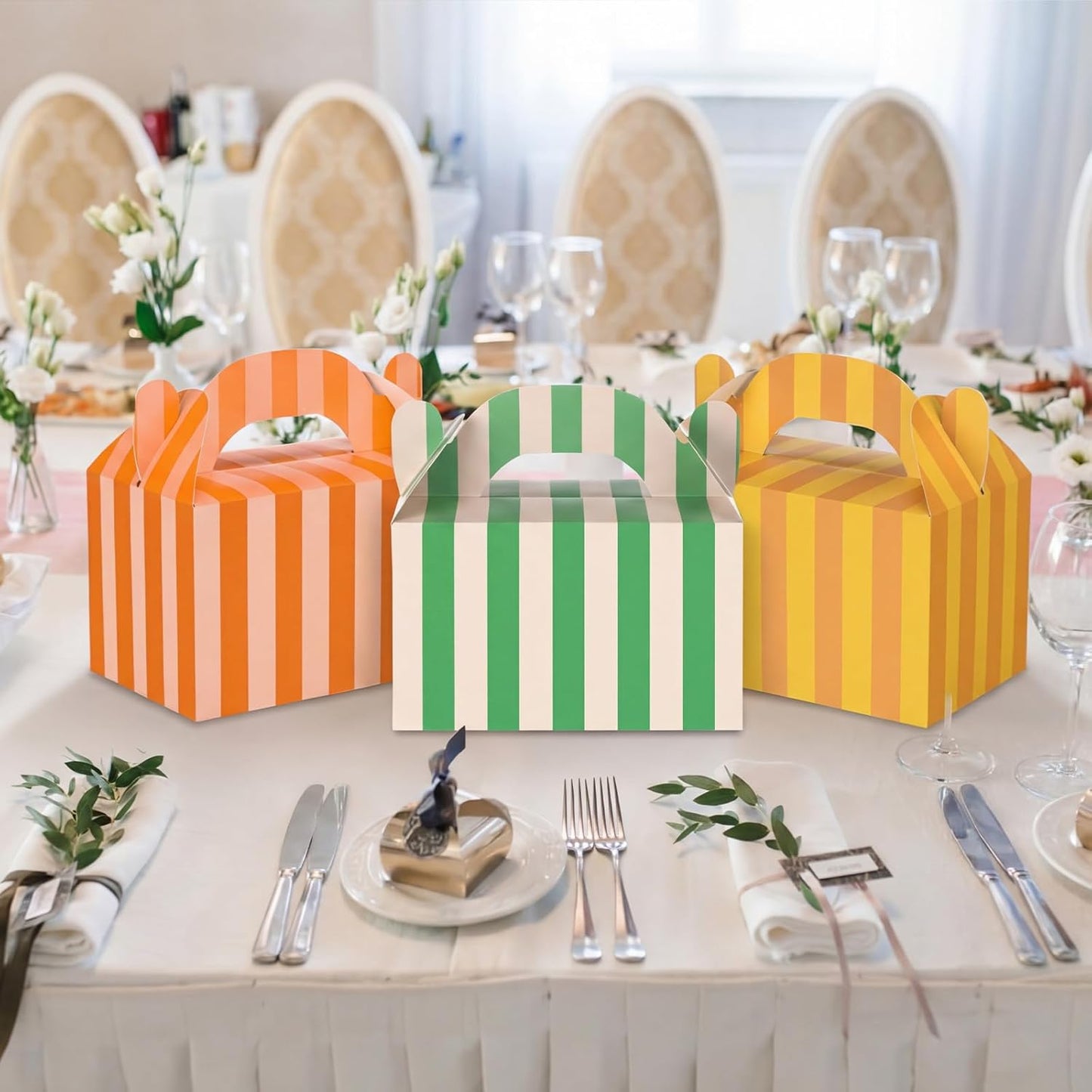 Novabright 24 Pcs Colorful Striped Party Favor Boxes Summer Pool Treat Gable Boxes with Handles Beach Stripe Gift Bags for Wedding Baby Shower Summer Pool Party Supplies