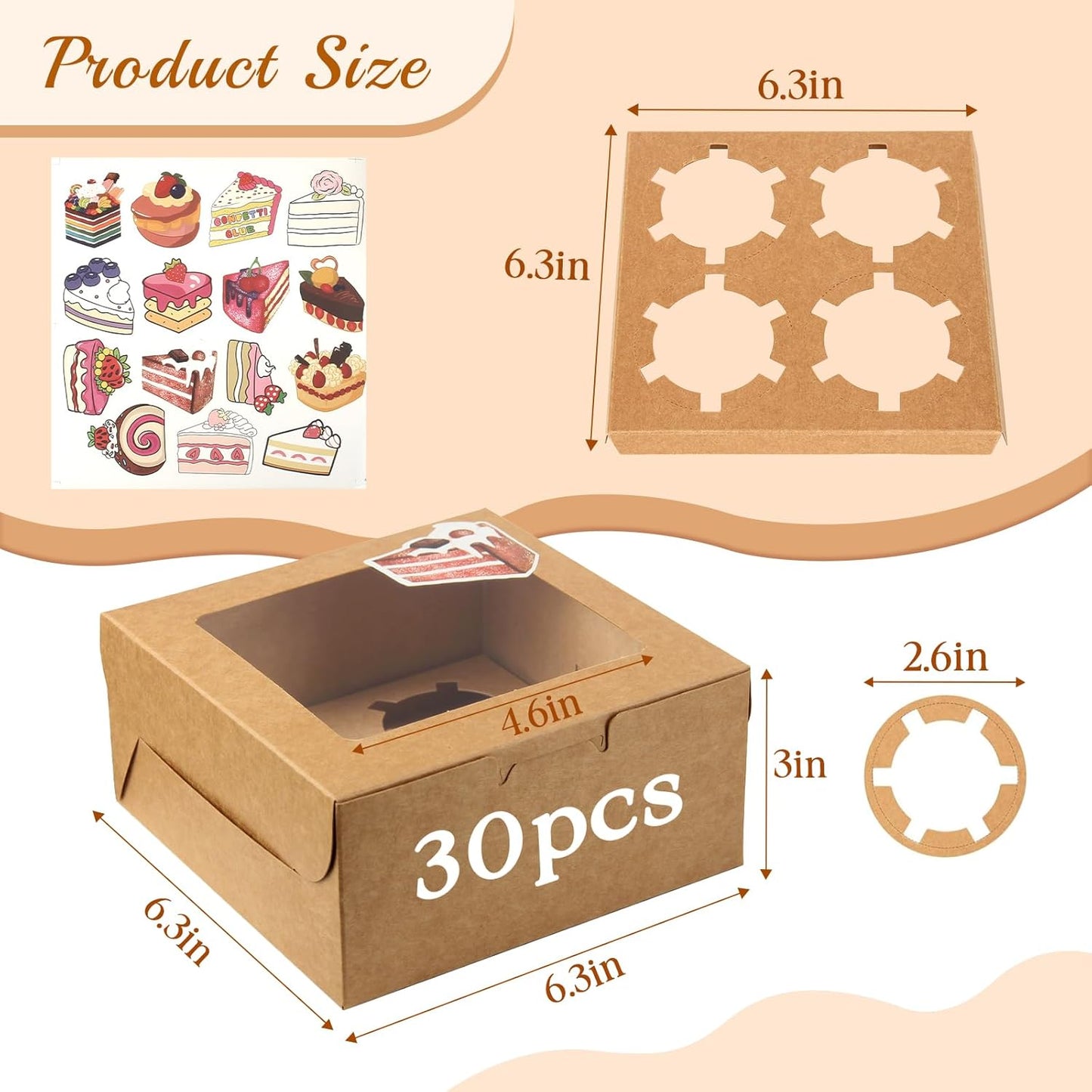 OAMCEG 50 PCS Cupcake Boxes with Window, 6x6x3 Inch Cookie Boxes, Bakery Treat Boxes for Pastry, Dessert, Chocolate Strawberries, Cupcake Containers, Gift Giving with Stickers & Twine （Brown）