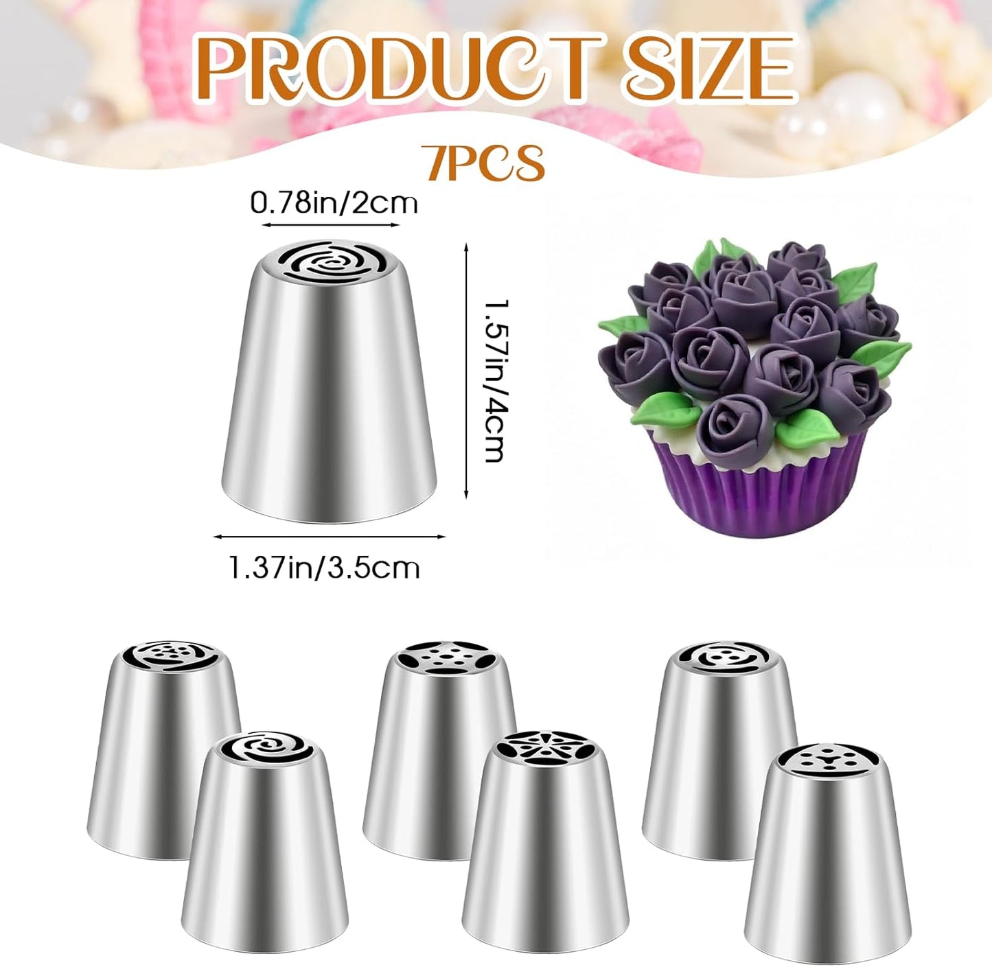 Dimeho 7 Pcs Round Hole Piping Tips Set Stainless Steel Cupcake Frosting Nozzles Cake Decorating Tool Russian Pastry Icing Dispensers Supplies for Baking Cookies Puff Doughnut Cream Bag Filler