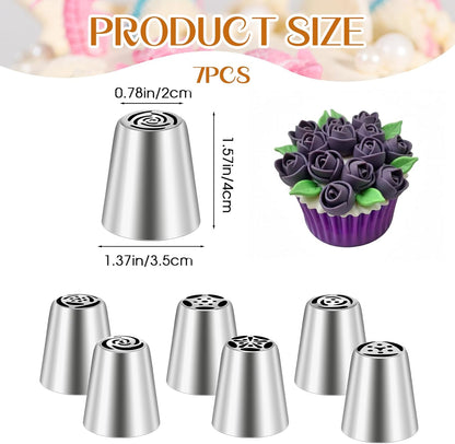 Dimeho 7 Pcs Round Hole Piping Tips Set Stainless Steel Cupcake Frosting Nozzles Cake Decorating Tool Russian Pastry Icing Dispensers Supplies for Baking Cookies Puff Doughnut Cream Bag Filler