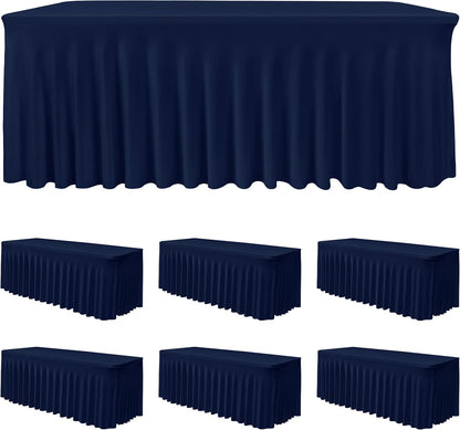 HolidayIdeas 2 Pack Spandex Table Skirt for 6 Ft Rectangle Tables, Black Fitted Stretch Tablecloth 30 x 72 Inch, Wrinkle Resistant Ruffle Design for Wedding Banquets, Trade Shows, Parties