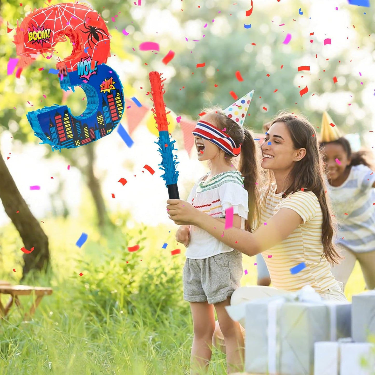 Number 4 Spider Pinata Bundle with 16 Inch Piñata Stick Blindfold Confetti for Hero Birthday Party Decoration Anniversary Celebration Gift Spider Party Favors for Kids, 16 x 11.6 x 2.4 Inch