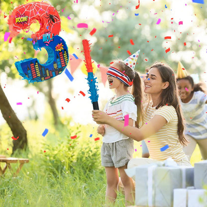 Number 4 Spider Pinata Bundle with 16 Inch Piñata Stick Blindfold Confetti for Hero Birthday Party Decoration Anniversary Celebration Gift Spider Party Favors for Kids, 16 x 11.6 x 2.4 Inch