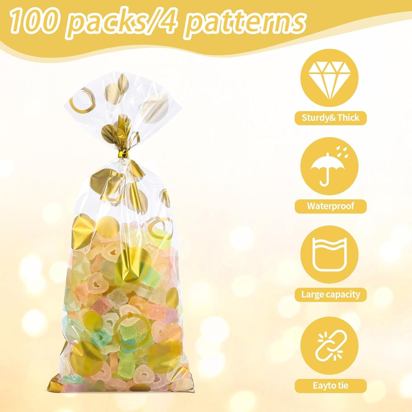 100 Pcs Star Printed 5"X 7" Gift Wrap Cello Cellophane Treat Bags Party Favor bags Clear Candy Cookie Bag Plastic Poly Goodie Storage Bag with Twist Ties for Bakery,Birthday, Wedding ,Party Decorations (Gold)