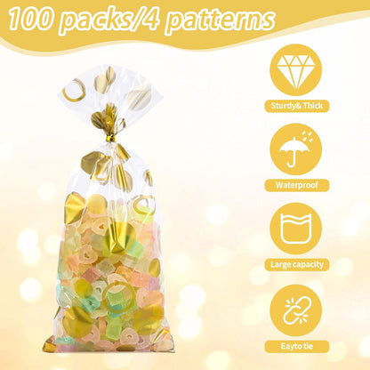100 Pcs Star Printed 5"X 7" Gift Wrap Cello Cellophane Treat Bags Party Favor bags Clear Candy Cookie Bag Plastic Poly Goodie Storage Bag with Twist Ties for Bakery,Birthday, Wedding ,Party Decorations (Gold)