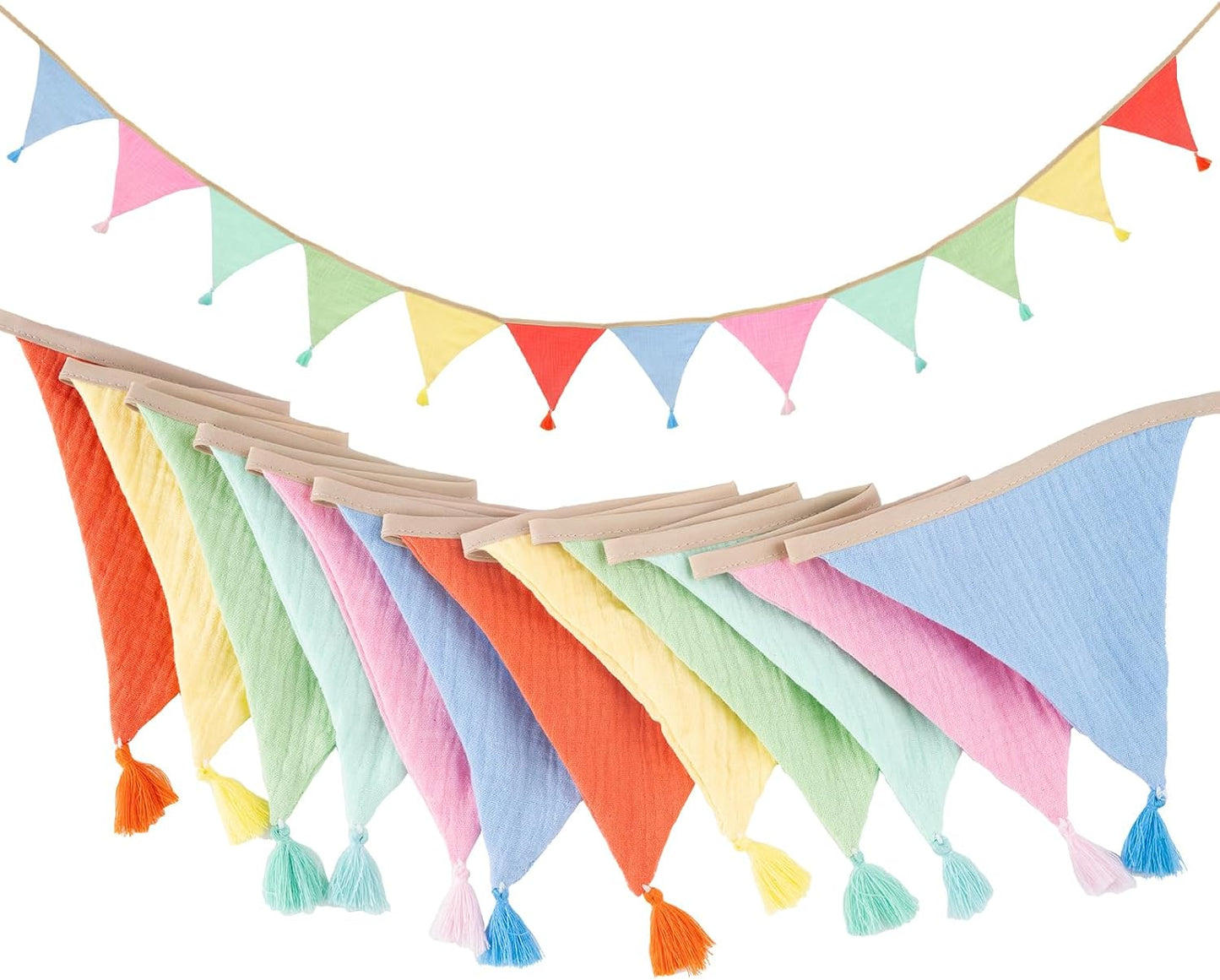 G2PLUS Cotton Fabric Bunting Banner, 9Ft Green Triangle Pennant Banner Flag, 12pcs Double-Sided Bunting Garland with Tassels for Birthday, Nursery, Baby Shower, Classroom Hanging Decor