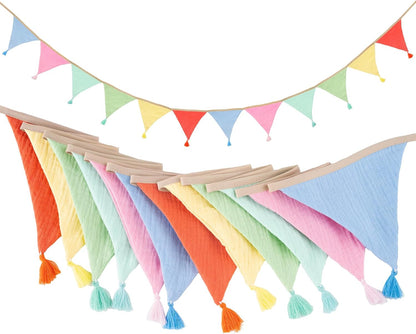 G2PLUS Cotton Fabric Bunting Banner, 9Ft Green Triangle Pennant Banner Flag, 12pcs Double-Sided Bunting Garland with Tassels for Birthday, Nursery, Baby Shower, Classroom Hanging Decor