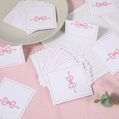 Wedding Place Cards, 50 Pcs Pink Bow Name Cards for Table Setting, Folded Tent Card for Baby Shower, Bachelorette Party & Bridal Shower, 3.54 x 1.96 Inch (Pink)