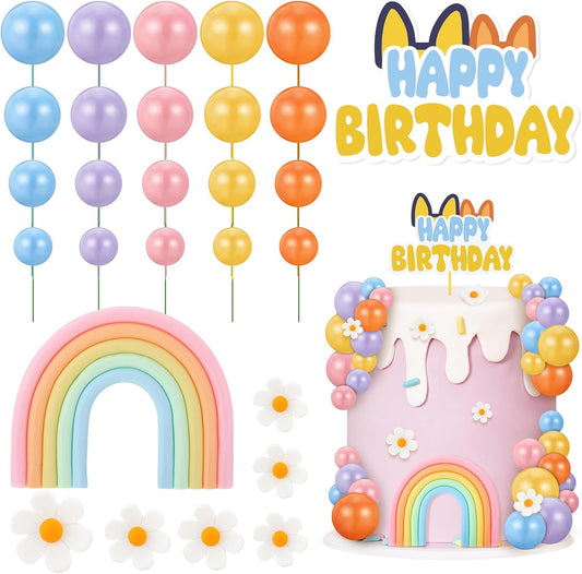 38 Pcs Rainbow Cake Topper with Daisy Balls Cake Topper, Pastel Cupcake Toppers Cake Decorations for Birthday Wedding Party Supplies