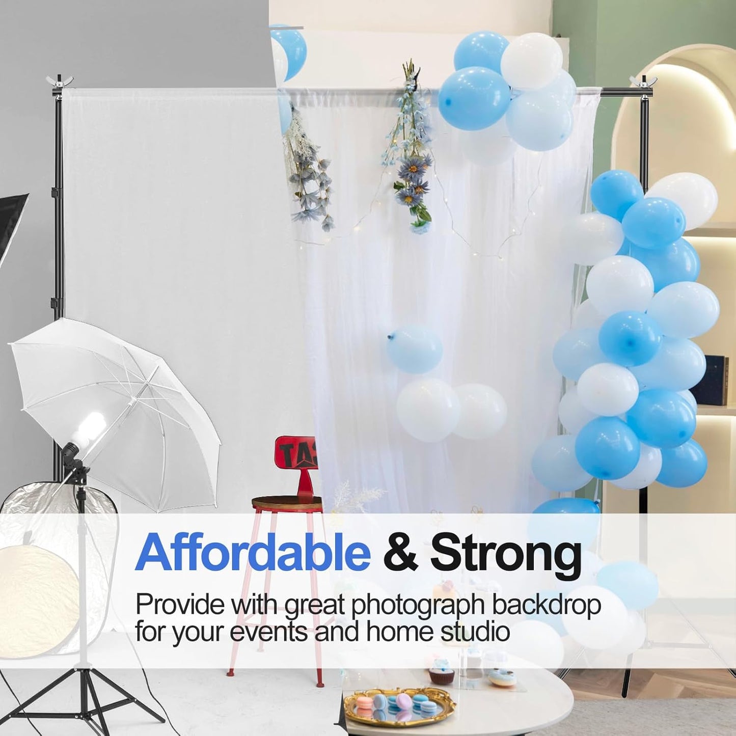 EMART Backdrop Stand 10x7ft(WxH) Photo Studio Adjustable Background Stand Support kit with 2 Crossbars, 8 Clamps, 2 Sandbags and Carry Bag for Parties, Events Decoration, Wedding, Photography -White