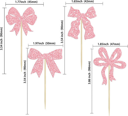 Ephlyn 24Pcs Pink Bow Cupcake Toppers Bow Birthday Cake Topper Girls Birthday Party Decorations Bowknot Cupcake Decorations for Bridal Wedding Themed Party Multi