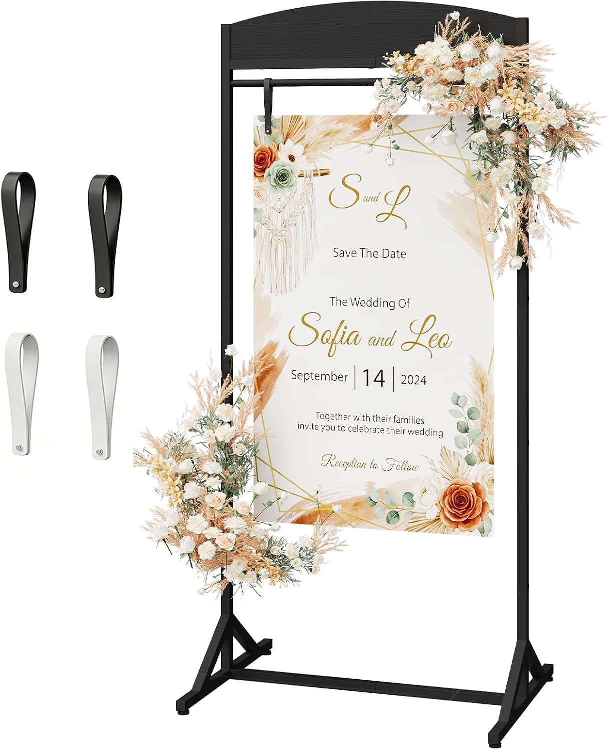 CHOEZON Wedding Welcome Sign Stand, Adjustable Wedding Sign Holder with 4 Leather Straps, 68"x31" Floorstanding Metal Poster Stand with Tripod Base, Display Stand for Wedding, Party, Black TCJ23BB