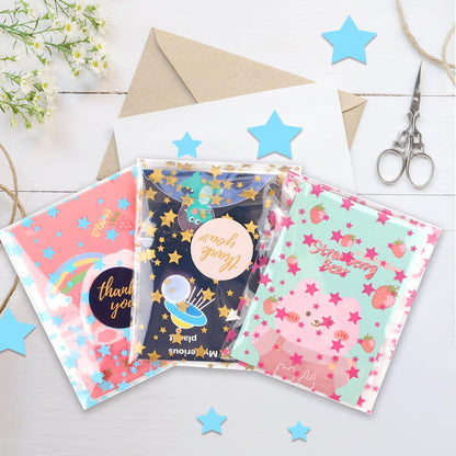 100 Pcs Star Printed 5"X 7" Gift Wrap Cello Cellophane Treat Bags Party Favor bags Clear Candy Cookie Bag Plastic Poly Goodie Storage Bag with Twist Ties for Bakery,Birthday, Wedding ,Party Decorations (Gold)